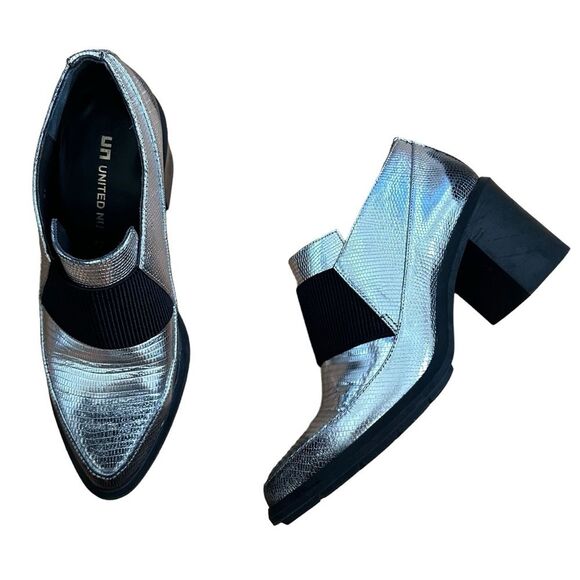 United Nude Shoes - United Nude Niki Mid Ankle Loafer Metallic Boot - Silver, Black, 37EU, 6.5US